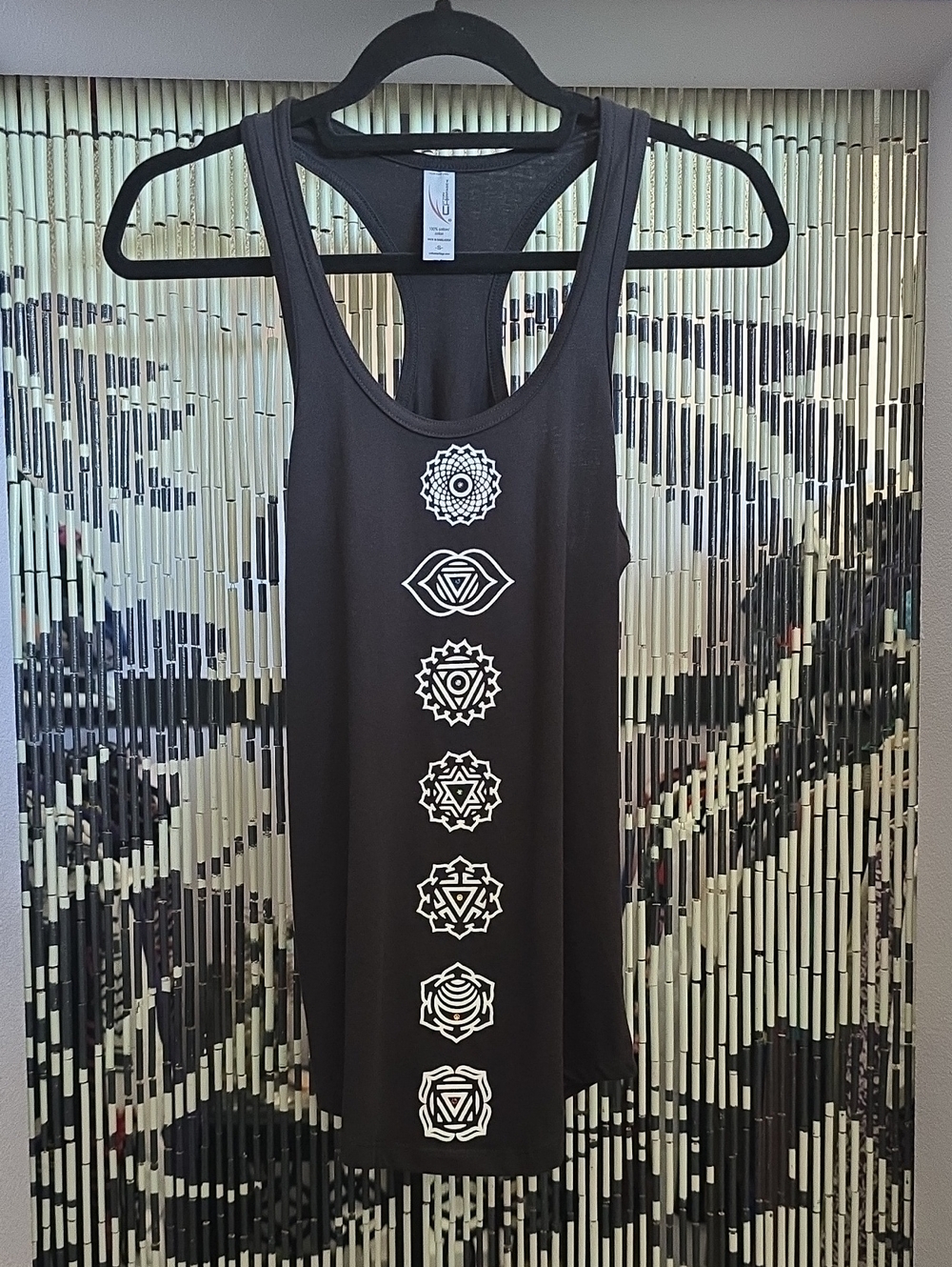 Black Chakra Graphic 7 Rainbow Swarovski Crystals Racerback Tank Top Size Small